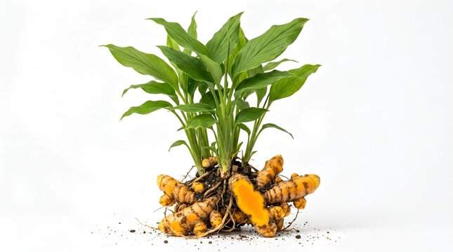 Fresh turmeric plant (Curcuma longa) with green leaves and harvested rhizomes isolated on a white background. Natural organic herb with visible roots and sliced turmeric showing vibrant orange flesh. 