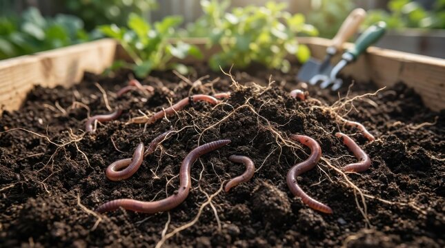 Close-up of rich dark fertile soil with earthworms and fine plant roots in a wooden raised garden bed, featuring blurry background greenery and gardening tools in sunlight.