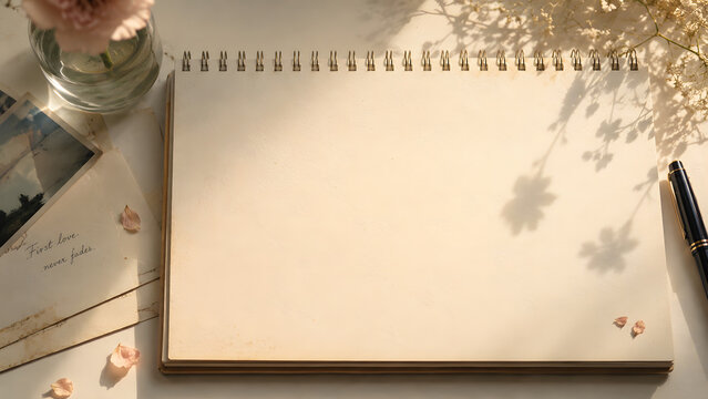 First Love Memory Desk Notepad with Vintage Blank Paper, Romantic Sunlight and Nostalgic Floral Shadows