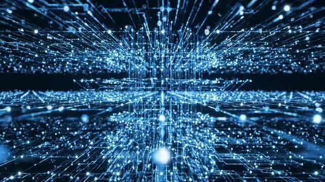 Abstract digital network of glowing blue particles in motion.