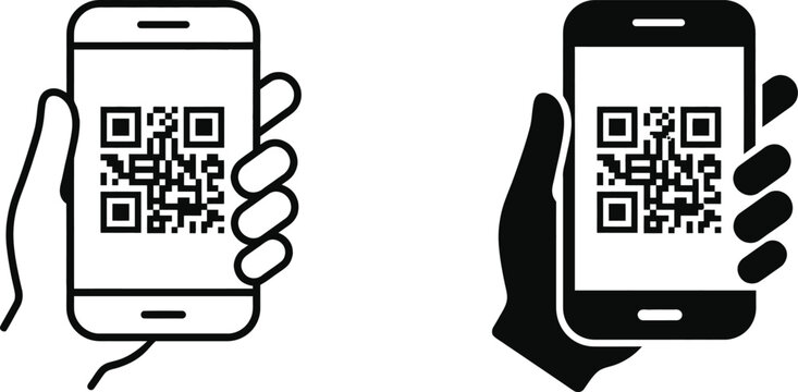 Black and white illustrations of hands holding smartphones with qr codes on screen for scanning and payment