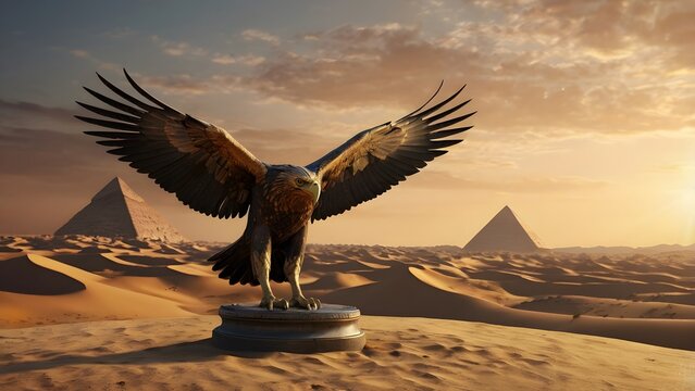 A majestic eagle statue stands proudly in the desert with pyramids in the background at sunset
