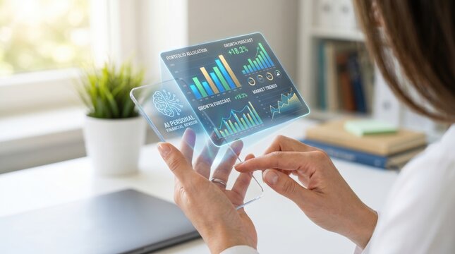 AI personal financial advisor hologram interface showing portfolio allocation and growth forecast charts
