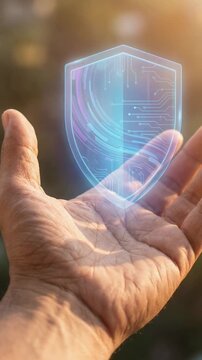 Digital shield hologram floating on hand for corporate cyber security protection