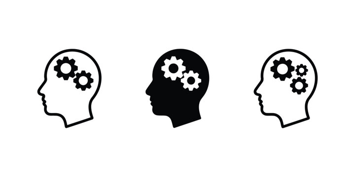 Human Head Thinking with Gears Logic and Process Icon Set Featuring Brain Activity Innovation and Analytical Thinking Symbols