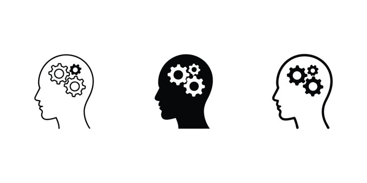 Human Head Thinking with Gears Logic and Process Icon Set Representing Mind Reasoning Problem Solving and Cognitive Workflow