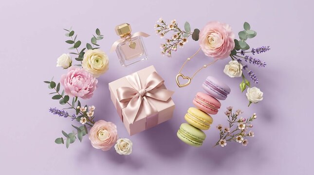 Charming square gift box with large bow nestled among vintage perfume bottle gold heart necklace and vertical stack of colorful macarons framed by lush spring flowers and leaves.