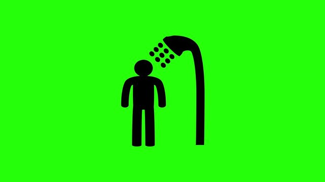 4K resolution video of a clean silhouette showing a human figure washing under a public shower point faucet line bouncing into view. Perfect popup web icon.