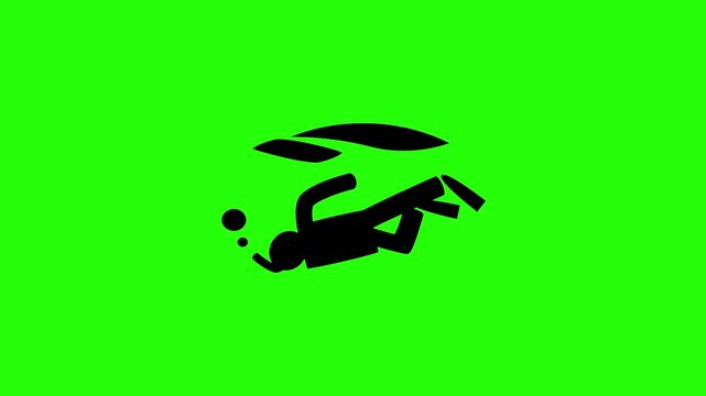 Dynamic 4K resolution asset showing a full side view silhouette of an underwater scuba diver swimming with flippers bouncing. Playful popup transition element.