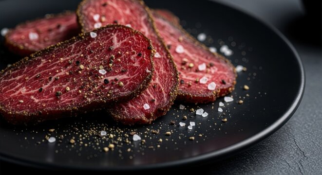 Close-up of Sliced Beef Jerky with Coarse Salt and Black Pepper Sprinkled on a Dark Plate