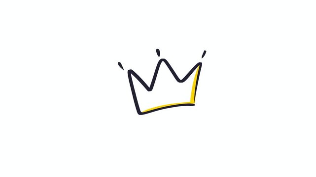 Doodle cartoon crown animation, navy bold outline with gold accent on white background, king queen royalty icon for award, winner, and premium content