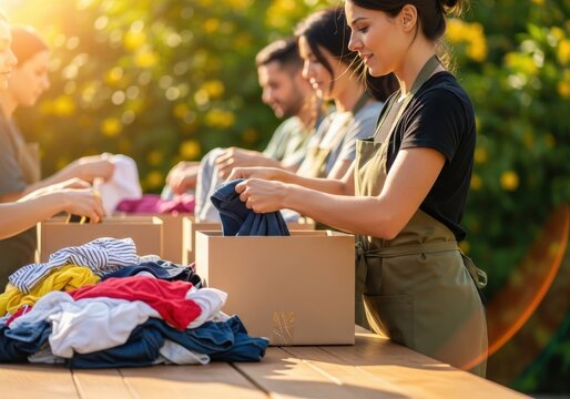 Volunteers sorting donated clothing in boxes outdoors on a sunny day for a community charity event