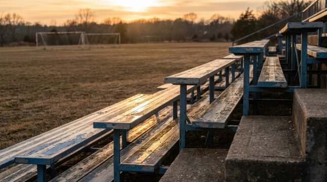 Side view of tiered outdoor bleacher seating with peeling blue paint at a rural sports field, reflecting golden hour sunset light with a soccer goal and trees in the background.
