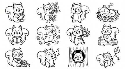 Obraz premium Cute Kawaii Squirrel Activity Coloring Page Bundle Cartoon Forest Animal Set. Kawaii Woodland Squirrel Coloring Collection Hand Drawn Cute Animal Vector Set.