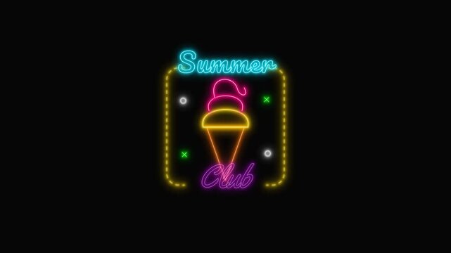 Flickering glowing neon sign summer club and ice cream 4k animation