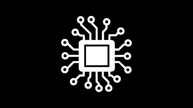 A clean white outline icon of a microchip or central processing unit is displayed against a solid black background, representing technology.
