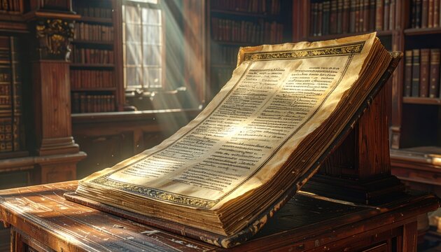 Ancient Illuminated Latin Parchment Codex Open on Wooden Desk in Library with Sunbeams