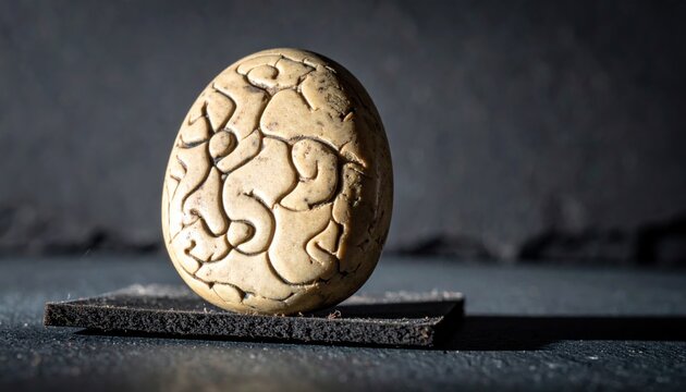 A singular, exquisitely hand-carved soapstone token, featuring deeply incised abstract patterns, rests on a dark textured surface, dramatically highlighted by natural light.