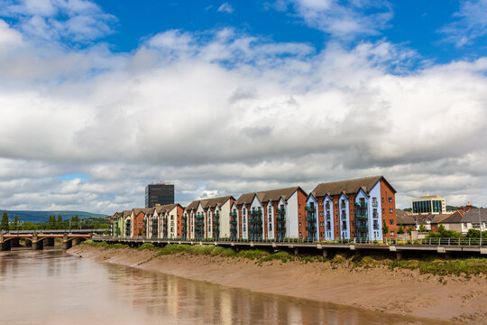 Modern Riverside Apartments along River Usk in Newport, Wales, UK