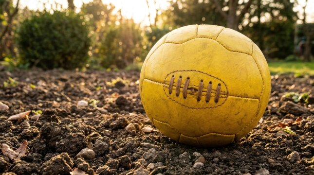 Close-up of a vintage yellow leather soccer ball with classic brown laces resting on dark clumpy garden soil during golden hour with warm sunset light and soft bokeh background.