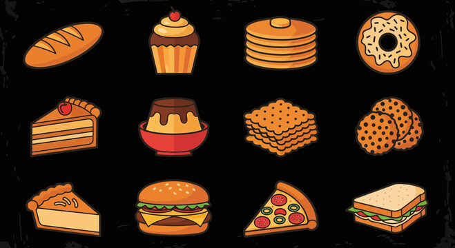 A vibrant collection of six delicious food icons including a cupcake, pancakes, pudding, crackers, a burger, and a pizza slice.