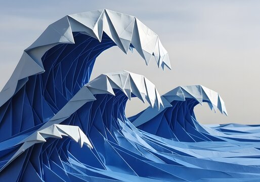 Abstract blue and white origami paper waves art created with folded paper
