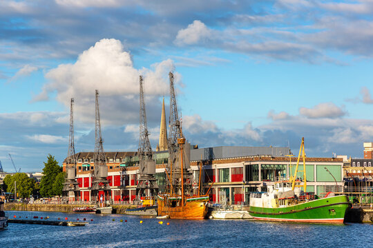 Historic harbour cargo cranes on Bristol Harbour in Bristol, England, UK