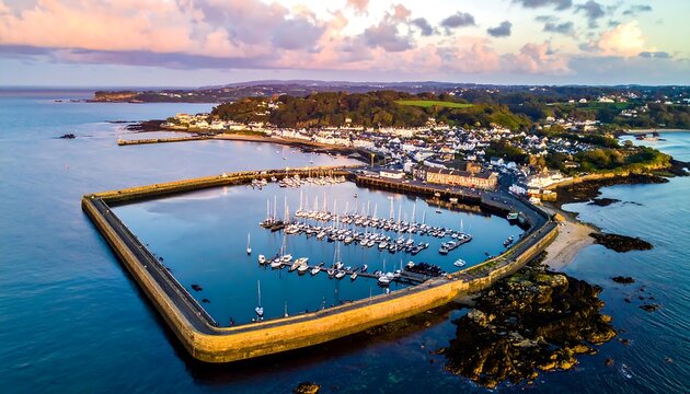 Coastal town and harbor with moored boats under a pastel sky, captured from above at a peaceful moment