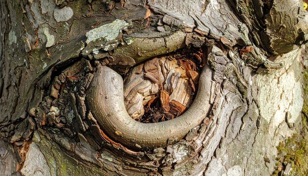 Close-up on a gnarled tree trunk with a pronounced knot-hole and textured bark in various shades of brown and gray