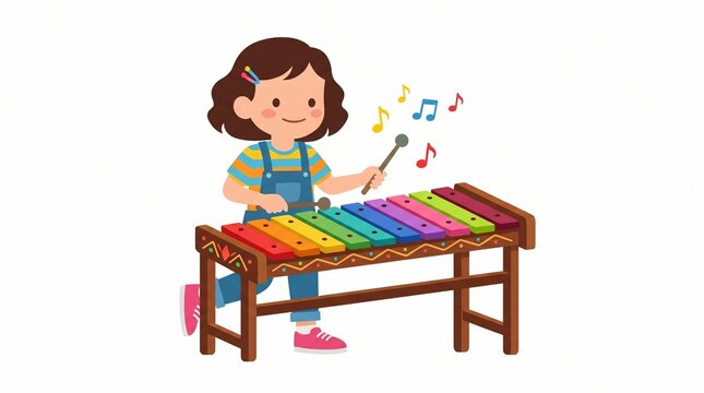 Cute little girl playing a colorful xylophone musical instrument cartoon illustration