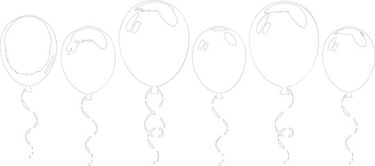 Line drawing of five tied shiny balloons with ribbons on transparent background © Lokman