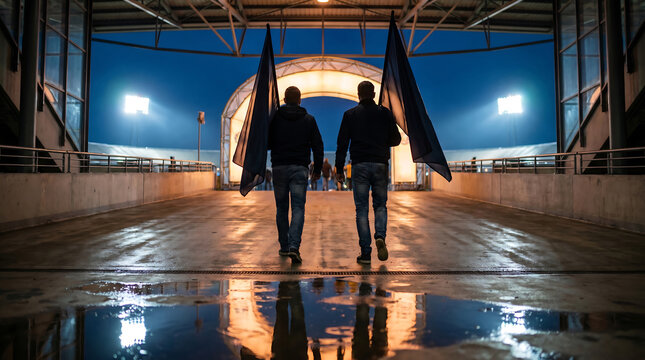 Two dedicated fans walking with flags towards a sports tournament venue at night, with ample copy space for promotional text.