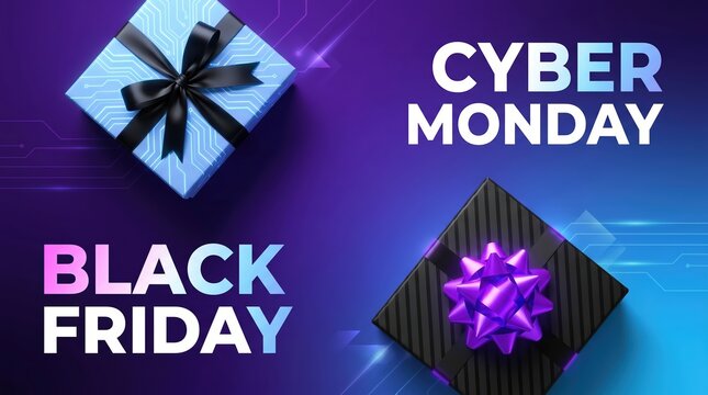 Cyber monday and black friday text with blue gift box featuring black ribbon and black gift box with purple bow on a dark purple gradient background with digital circuit board patterns