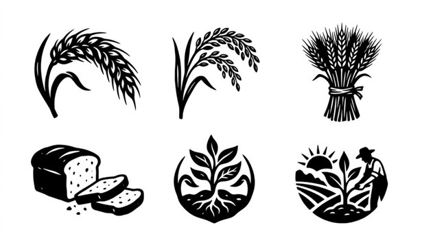 Vintage wheat bread and farming illustrations black and white vector set