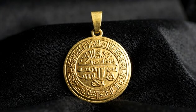 Intricate Gold Amulet Engraved with Ancient Phoenician Script and Arabic Calligraphy on Black Velvet