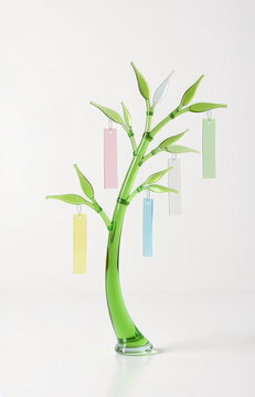 AI-generated glass art figurine of Japanese Tanabata sasa bamboo with colorful tanzaku wish cards gracefully bending
