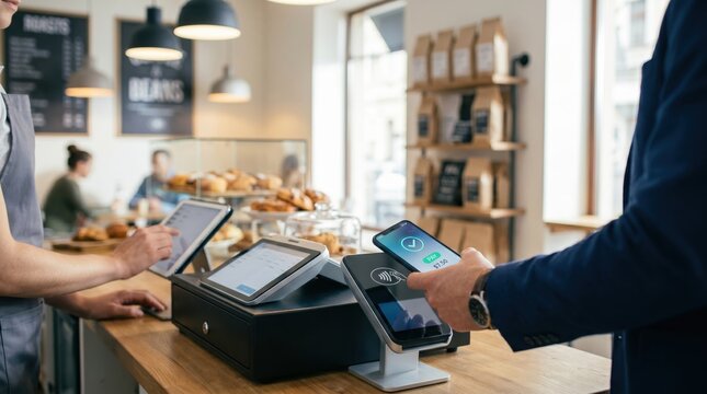 Customer making contactless mobile payment at coffee shop counter using smartphone app, barista processing order on tablet