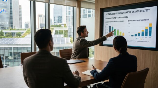Business team discussing sustainable growth strategy and renewable energy transition plan in modern office meeting room