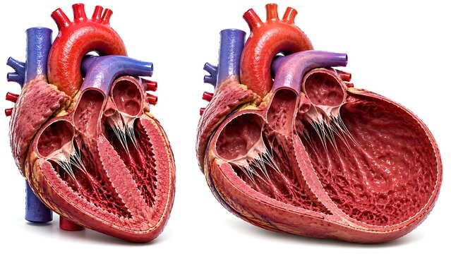 Heart Failure Comparison with Normal Heart Anatomy &ndash; Realistic Medical Illustration.