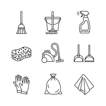 Cleaning supplies and tools collection.
