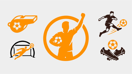 A dynamic collage of sports icons featuring a soccer player kicking, a whistle, and a ball in motion. © medi