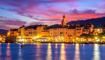 Fototapeta premium Coastal town buildings illuminated at twilight, reflecting on calm water, beneath vibrant pink, purple, and blue sky