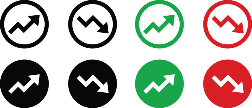 Trend icon. Zigzag arrow in circle vector illustration. Market chart symbol with upward or downward direction sign. Finance data UI sign. Business growth pictogram.