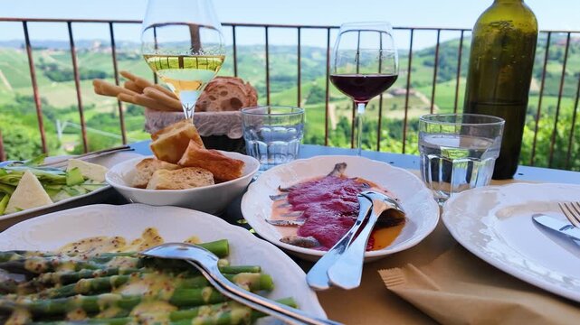 Al Fresco Dining with Wine and Gourmet Food Overlooking Tuscany Vineyard