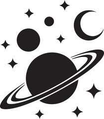 Fototapeta premium Silhouette of planet Saturn with rings, moons, and stars on white background in minimalist astronomy design, space illustration, EPS vector graphic