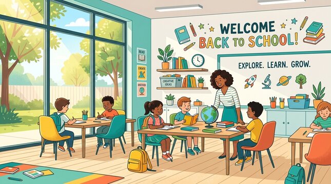 Happy diverse students learning in a bright classroom at the start of the school year, with colorful decorations and a teacher guiding them