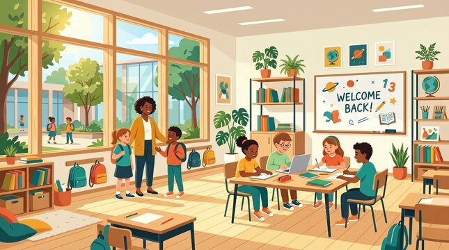 A Diverse Group of Students and a Teacher in a Bright, Modern Classroom Getting Ready for a New School Year with a "Welcome Back" Sign