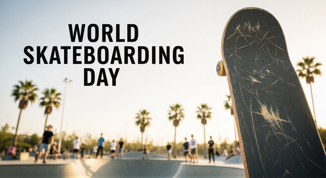 World skateboarding day, skateboard in the foreground at a skatepark with people skating in the background at sunset