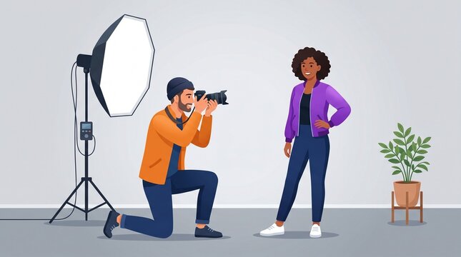 Photographer taking picture of model in studio with softbox light on Photography Day