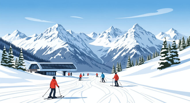 Vector illustration of people skiing on a snowy mountain piste near a modern ski lift station with evergreen trees and jagged snow-capped peaks under a clear blue sky.